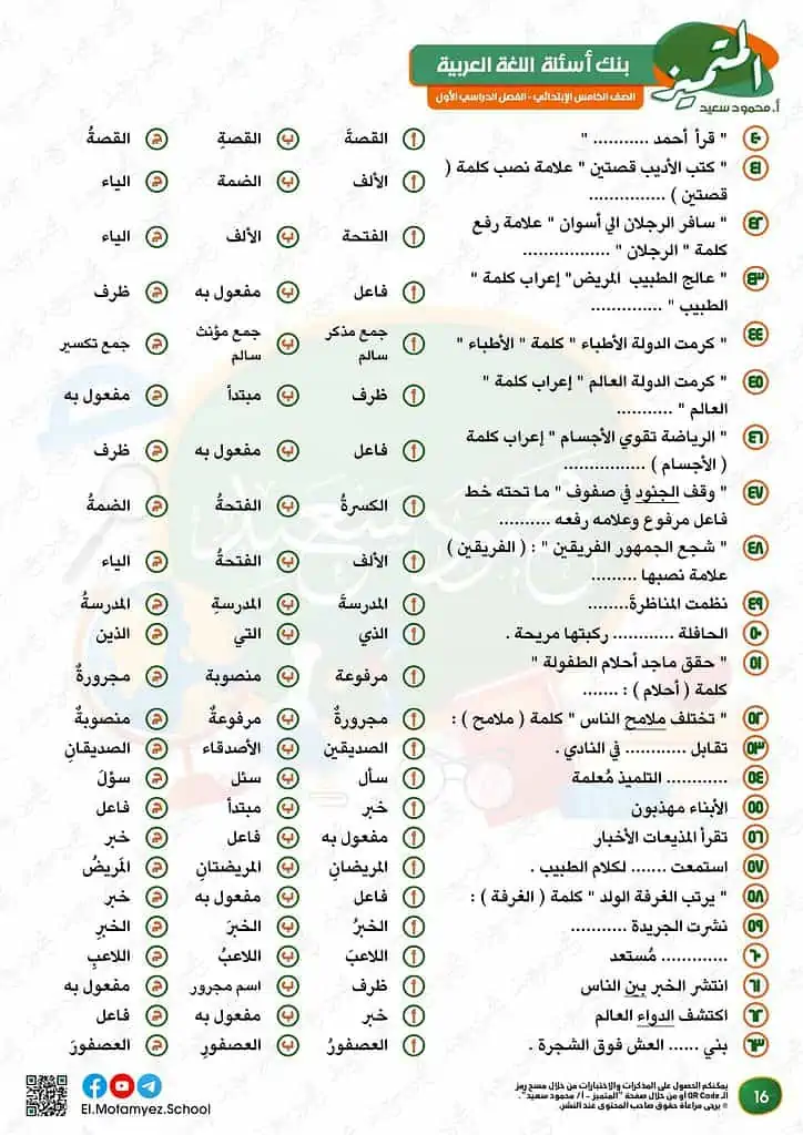 نماذج الوزارة للصف الخامس الابتدائي 2023 عربي أسئلة بنك المعرفة 17