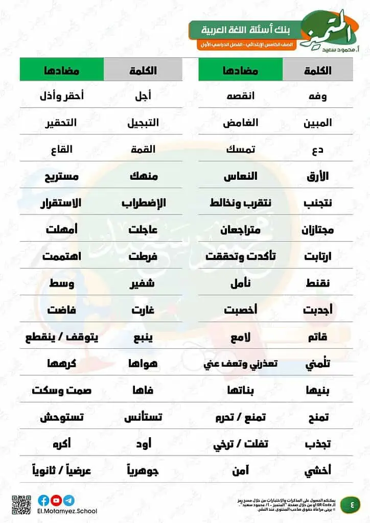 نماذج امتحانات العربي للصف الخامس الابتدائي الترم الأول 2023 المتميز الوزارة الاسترشادية 3