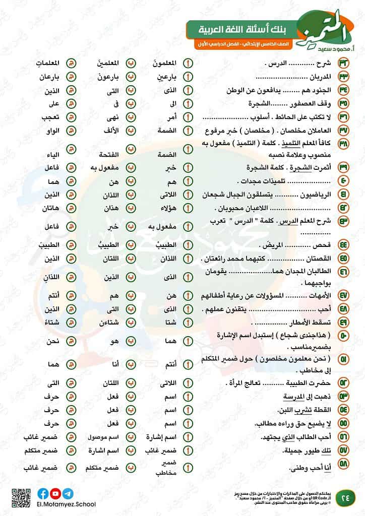 نماذج امتحانات العربي للصف الخامس الابتدائي الترم الأول 2023 المتميز الوزارة الاسترشادية 23