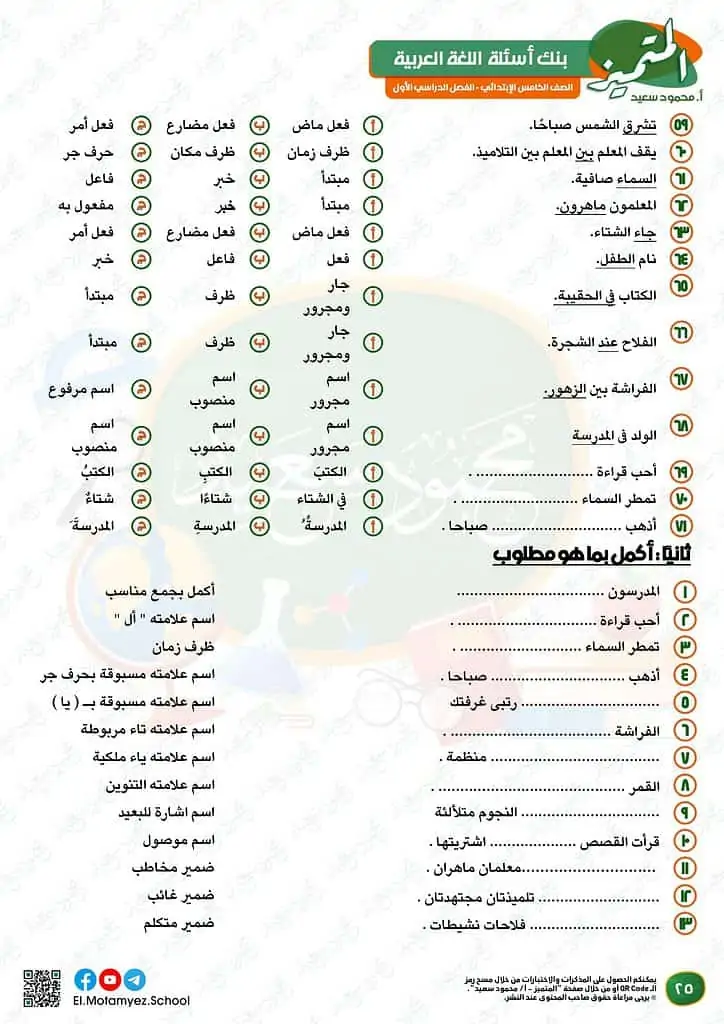 نماذج امتحانات العربي للصف الخامس الابتدائي الترم الأول 2023 المتميز الوزارة الاسترشادية 24