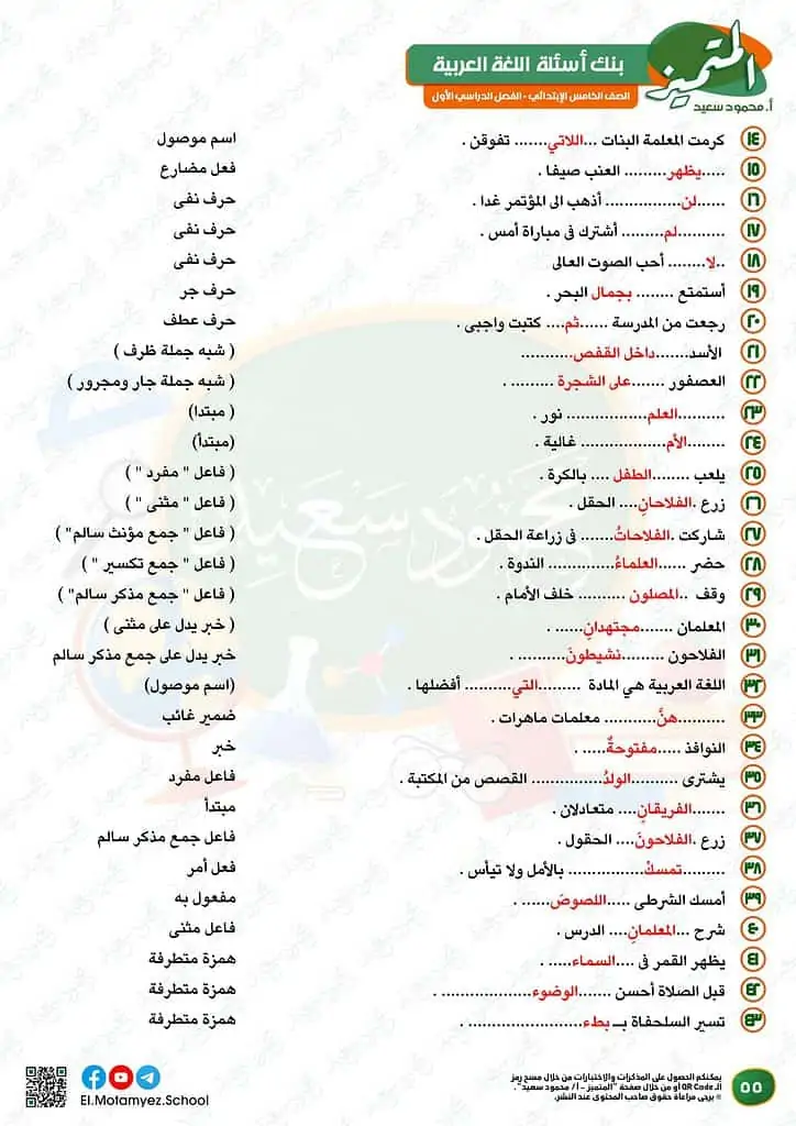 نماذج امتحانات العربي للصف الخامس الابتدائي الترم الأول 2023 المتميز الوزارة الاسترشادية 53